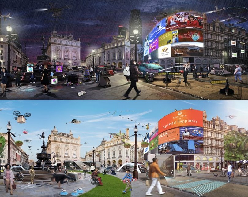 A composite image of two London-like cityscapes, one in the daytime, one at night